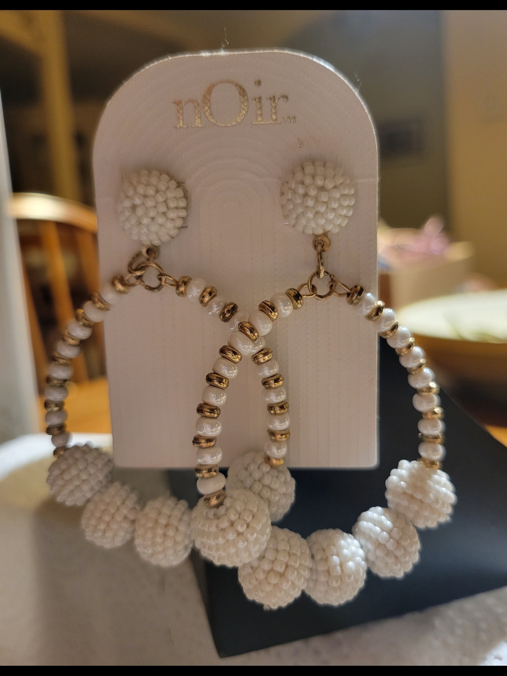nOir White Beaded Cluster Drop Hoop Earrings